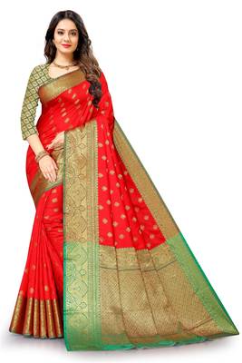 Red woven banarasi silk saree with blouse 1