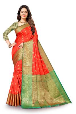 Orange woven banarasi silk saree with blouse 1