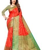 Orange woven banarasi silk saree with blouse
