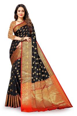 Black woven banarasi silk saree with blouse 1