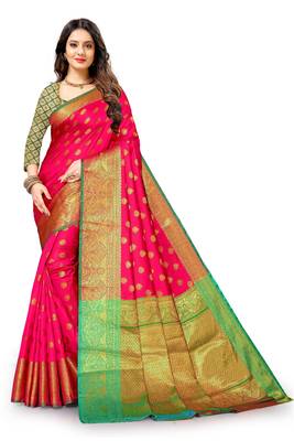 Light rani pink woven banarasi silk saree with blouse 1