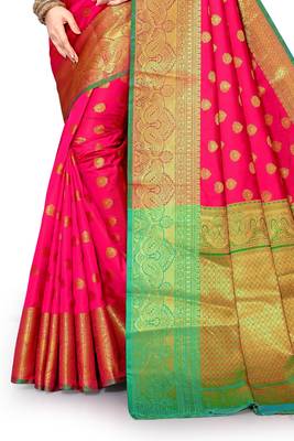 Light rani pink woven banarasi silk saree with blouse 2