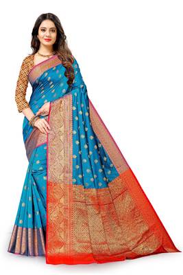 Teal woven banarasi silk saree with blouse 1