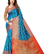 Teal woven banarasi silk saree with blouse