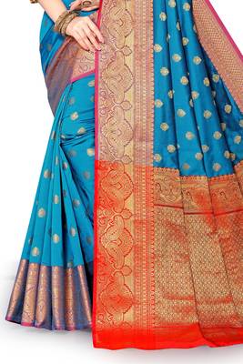 Teal woven banarasi silk saree with blouse 2
