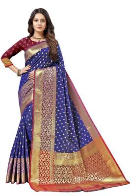 Dark blue woven kanchipuram silk saree with blouse 1