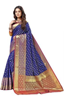 Dark blue woven kanchipuram silk saree with blouse 2