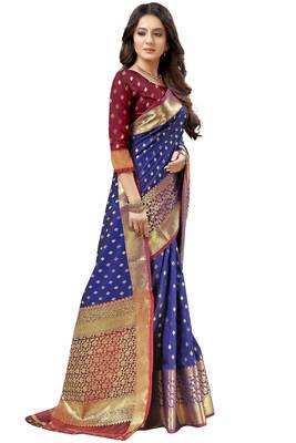 Dark blue woven kanchipuram silk saree with blouse 3