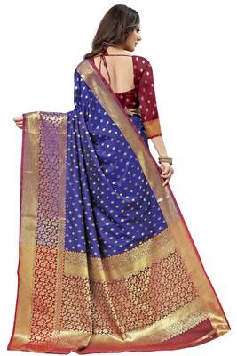 Dark blue woven kanchipuram silk saree with blouse 4