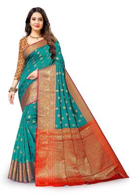 Green woven banarasi silk saree with blouse 1
