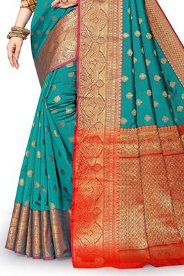 Green woven banarasi silk saree with blouse 2