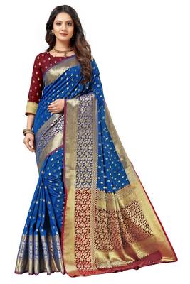 Blue woven kanchipuram silk saree with blouse 1