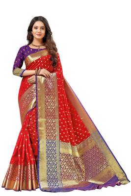 Red woven kanchipuram silk saree with blouse 1