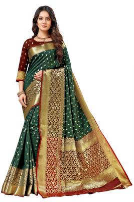 Dark green woven kanchipuram silk saree with blouse 1