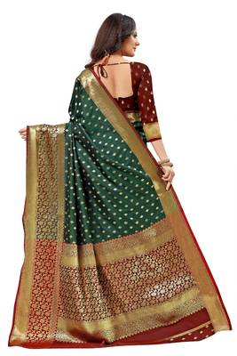 Dark green woven kanchipuram silk saree with blouse 4