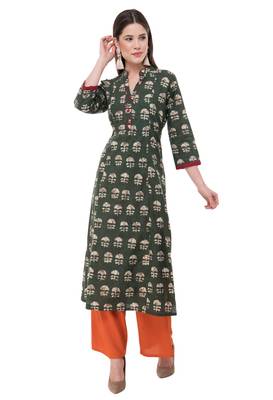 Dark-green plain cotton ethnic-kurtis 1