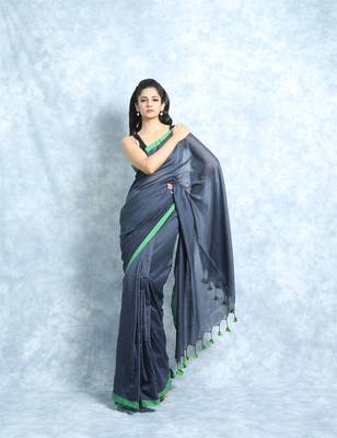 Grey Khadi Cotton Saree With Blouse 1