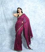 Burgundy Khadi Cotton Saree With Blouse