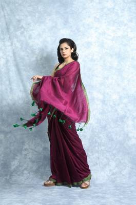 Burgundy Khadi Cotton Saree With Blouse 2