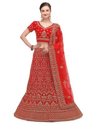 Red embroidered velvet semi stitched lehenga 1