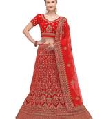 Red embroidered velvet semi stitched lehenga