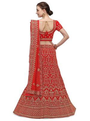 Red embroidered velvet semi stitched lehenga 2