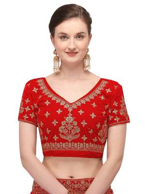 Red embroidered velvet semi stitched lehenga 4