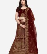 Maroon embroidered velvet semi stitched lehenga