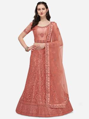 Peach embroidered net semi stitched lehenga 1