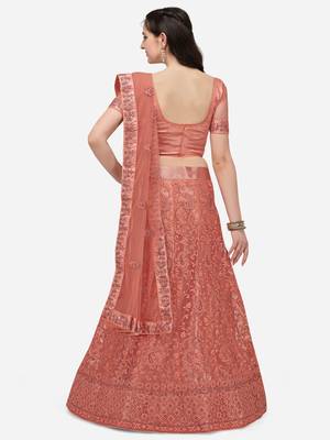 Peach embroidered net semi stitched lehenga 2