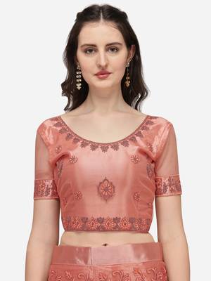 Peach embroidered net semi stitched lehenga 3