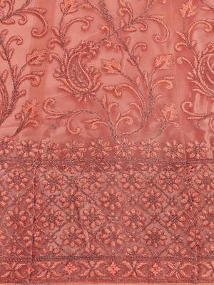 Peach embroidered net semi stitched lehenga 4