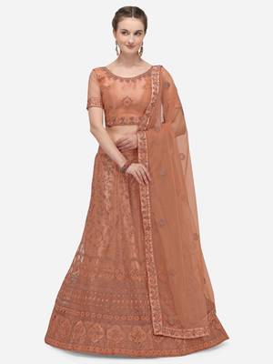 Peach embroidered net semi stitched lehenga 1