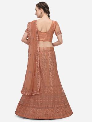 Peach embroidered net semi stitched lehenga 2