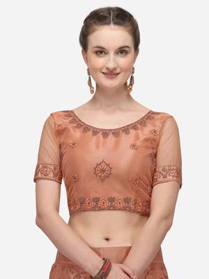 Peach embroidered net semi stitched lehenga 3