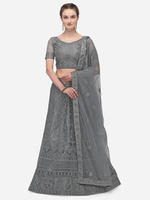 Grey embroidered net semi stitched lehenga 1