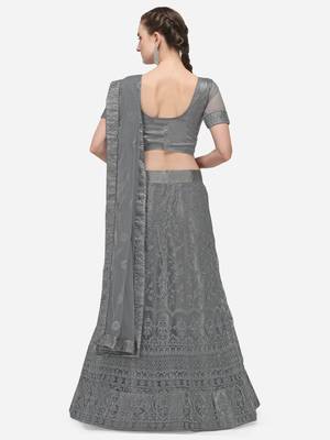 Grey embroidered net semi stitched lehenga 2