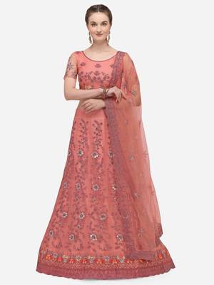 Pink embroidered net semi stitched lehenga 1