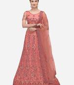 Pink embroidered net semi stitched lehenga