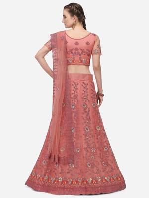 Pink embroidered net semi stitched lehenga 2