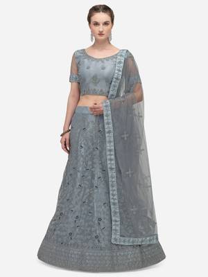 Grey embroidered net semi stitched lehenga 1
