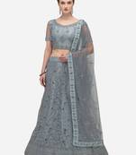Grey embroidered net semi stitched lehenga