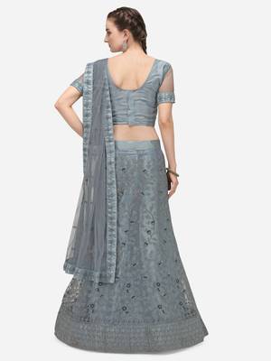 Grey embroidered net semi stitched lehenga 2