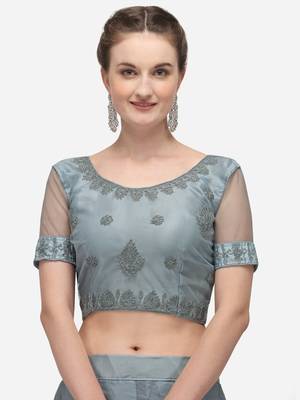 Grey embroidered net semi stitched lehenga 3
