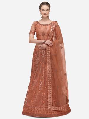Peach embroidered net semi stitched lehenga 1