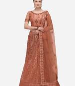 Peach embroidered net semi stitched lehenga