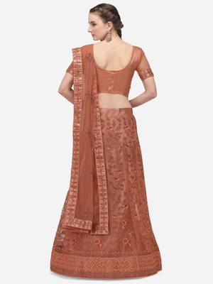 Peach embroidered net semi stitched lehenga 2