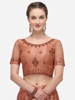 Peach embroidered net semi stitched lehenga 3