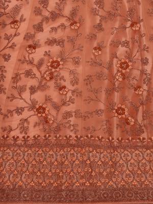 Peach embroidered net semi stitched lehenga 4