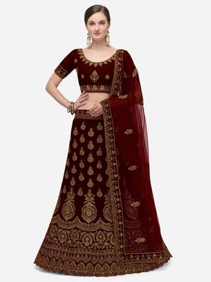 Maroon embroidered velvet semi stitched lehenga 1